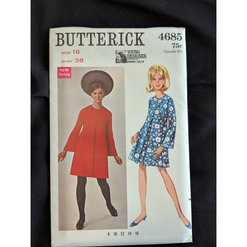 VTG 1968 Butterick 4685 Norma Tullo Uncut Mod Dress Pattern Size 16 Bust 38